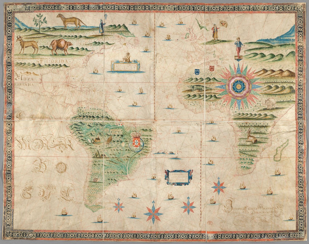 Karte von Westeuropa, Afrika und Amerika, mit Zeichnungen von Bergen, Tieren usw. Joseph da Costa e Miranda von Portuguese School