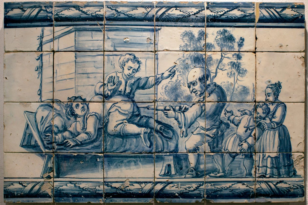 Der Arzt verabreicht einem Patienten einen Einlauf - Satirisches Panel aus Lissabon, erste Hälfte des 18. Jahrhunderts - Museu Nacional dos Azulejos, Lissabon (Portugal) von Portuguese School