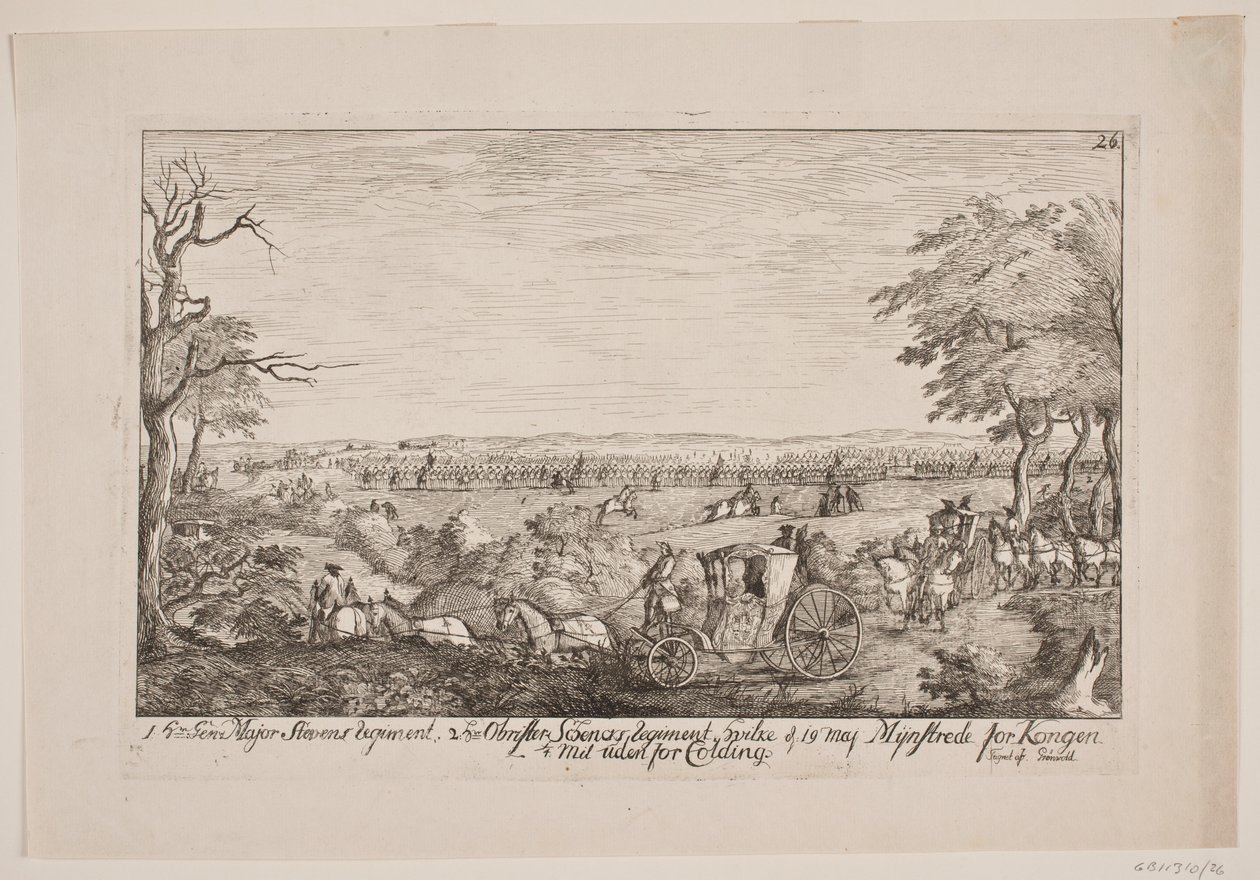 Frederik V mustert die Regimenter außerhalb von Kolding von Poul Isac Grønvold