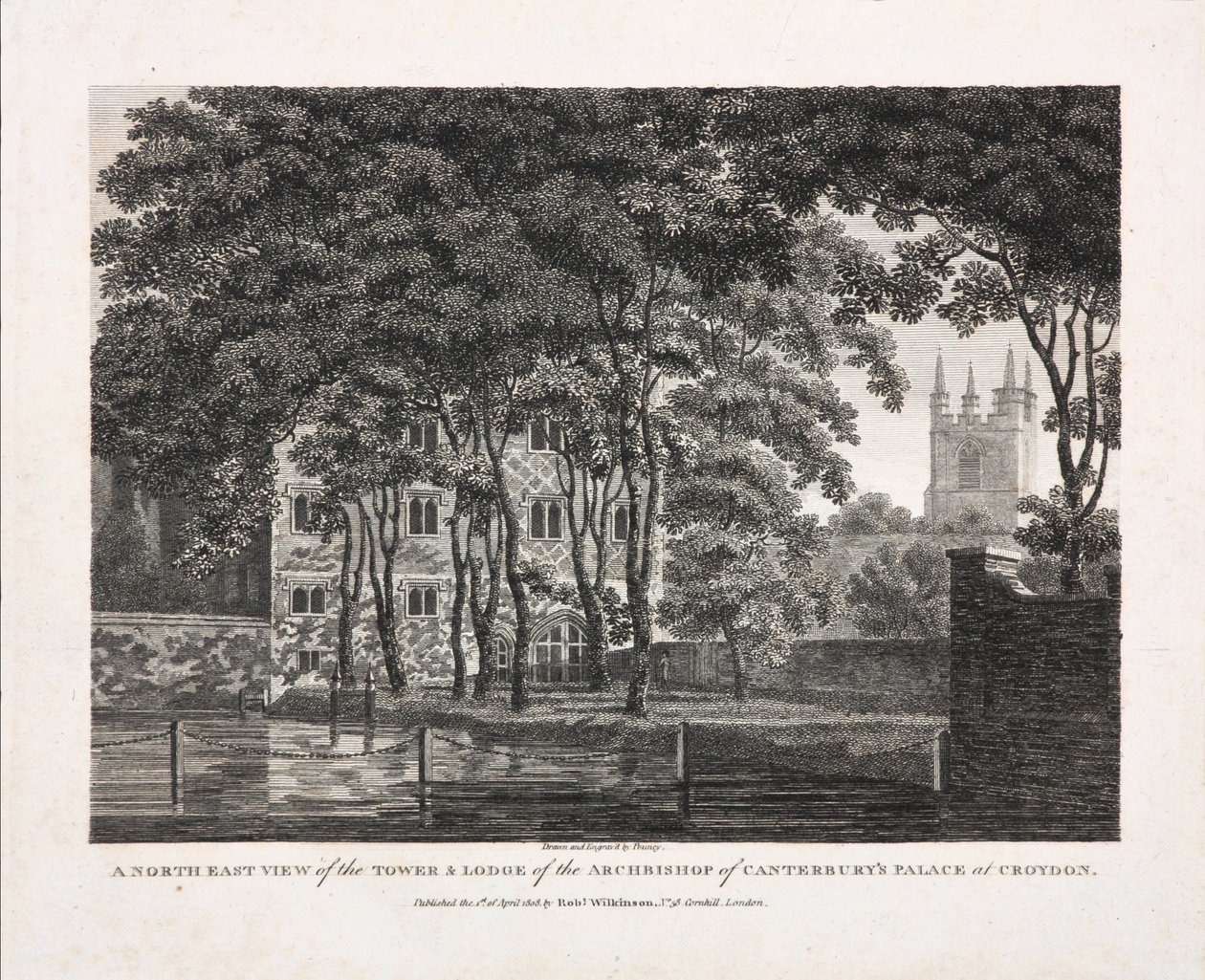 Eine Nordostansicht des Turms und der Lodge des Palastes des Erzbischofs von Canterbury in Croydon, 1808 von Pouncy