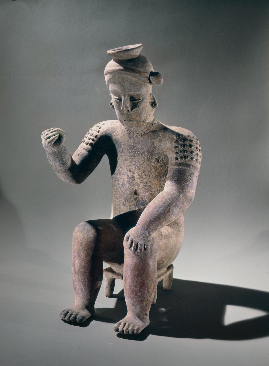 Effigie-Krug, der einen Mann zeigt, der auf einem kleinen Hocker sitzt, Colima-Stil von Pre Columbian Pre Columbian