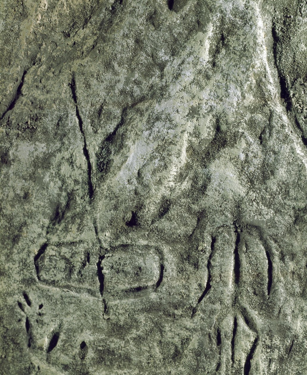 Prähistorie, Felskunst: Petroglyphen (Graffiti auf Stein) einer Darstellung eines Bootes und einer menschlichen Figur. Neolithikum, Steinzeit. (Aserbaidschan) Bronzezeit. Baku, Aserbaidschanisches Staatliches Religionsgeschichtliches Museum von Prehistoric Prehistoric