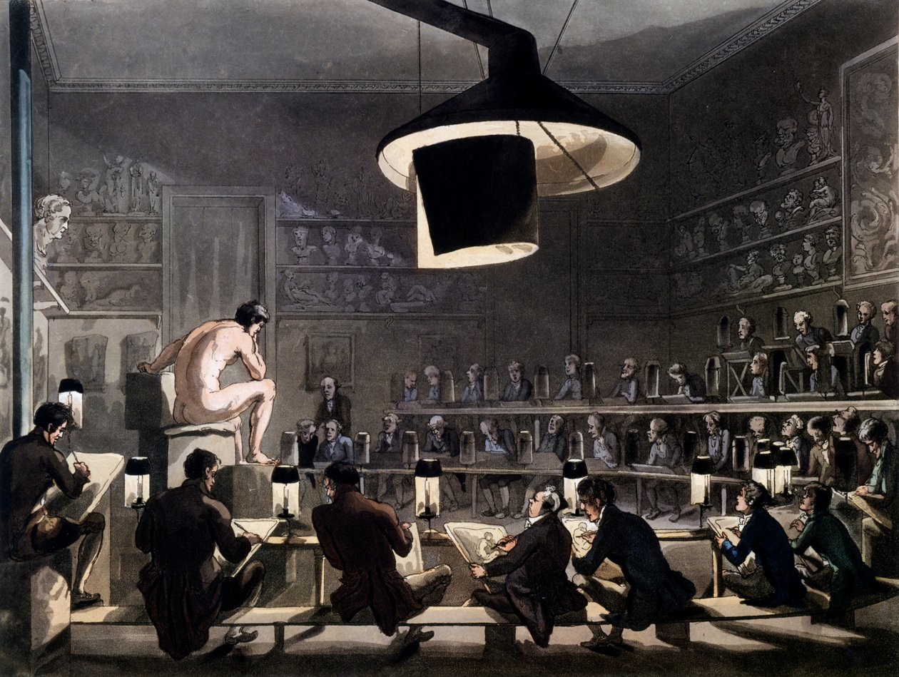 Zeichnen nach dem Leben an der Royal Academy, Somerset House, London, aus Microcosm of London von R. Ackermann, 1810 von Pugin and Rowlandson