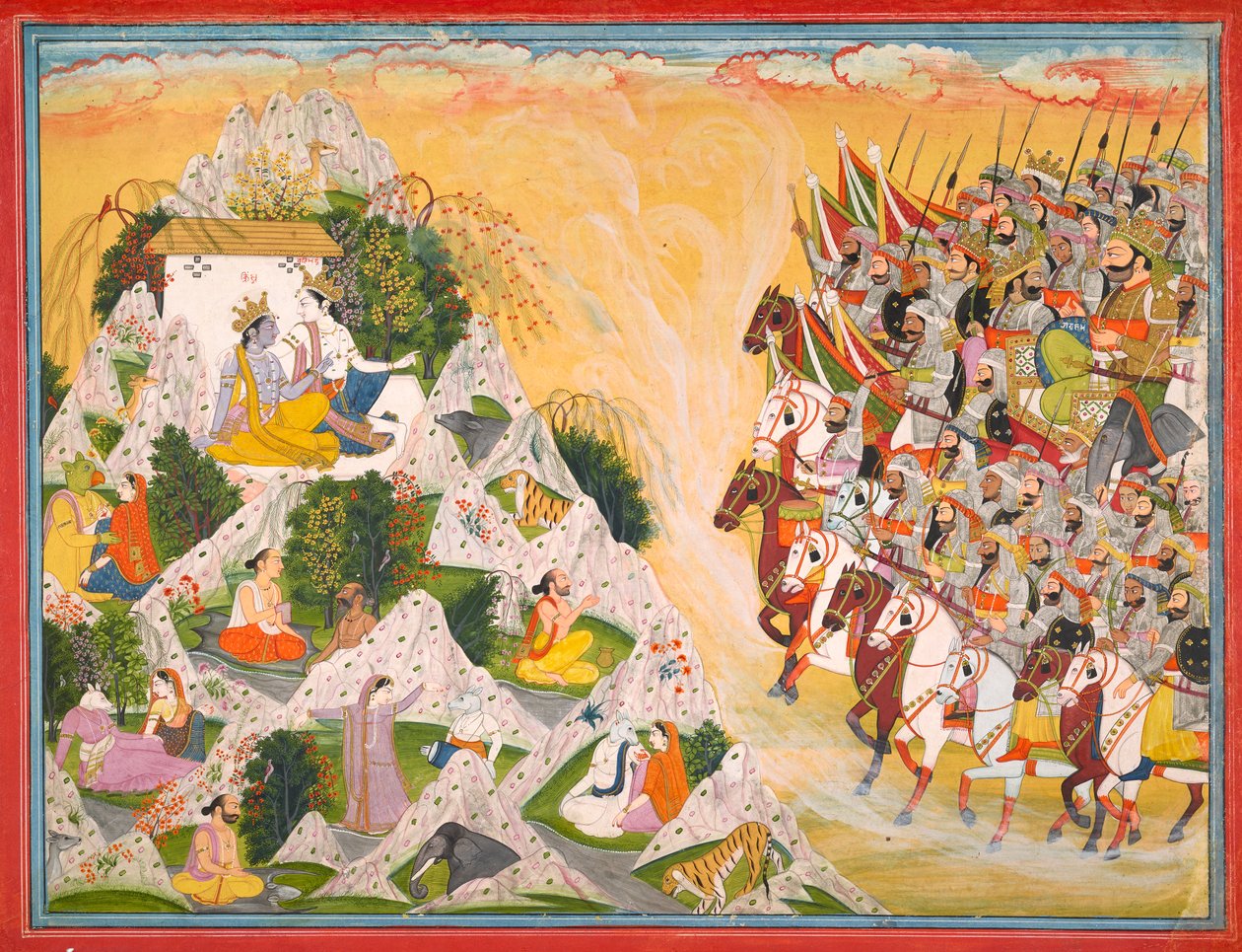 Jarasandhas Armee rückt gegen Krishna und Balarama vor, Folio aus einem Mahabharata, ca. 1800-1815 von Purkhu