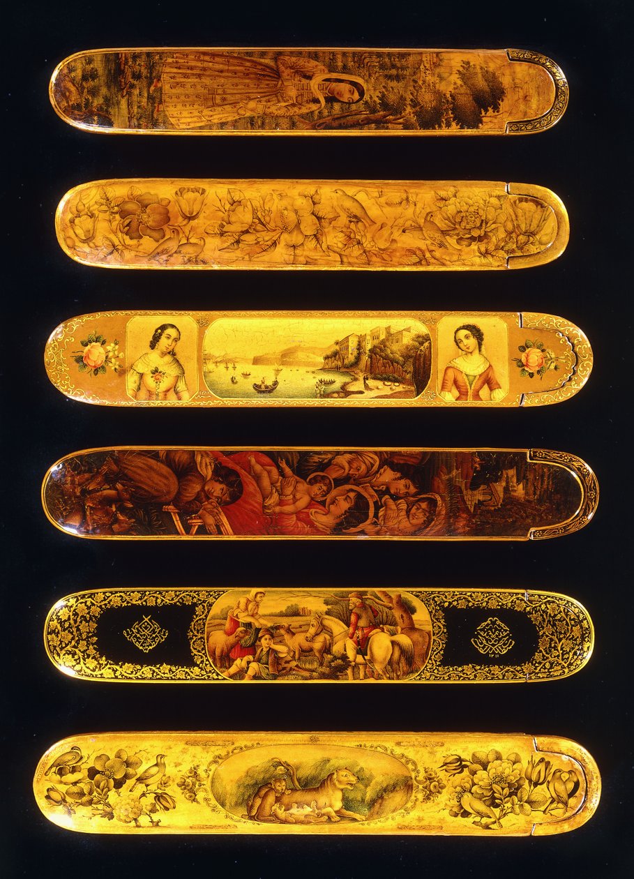 Sechs polychrome Lack-Qalamdans aus Pappmaché von Qajar School
