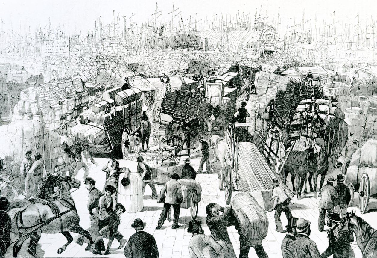 Blick von der West Street auf die Handelsaktivitäten im Hafen von New York, ca. 1880 von Quevero