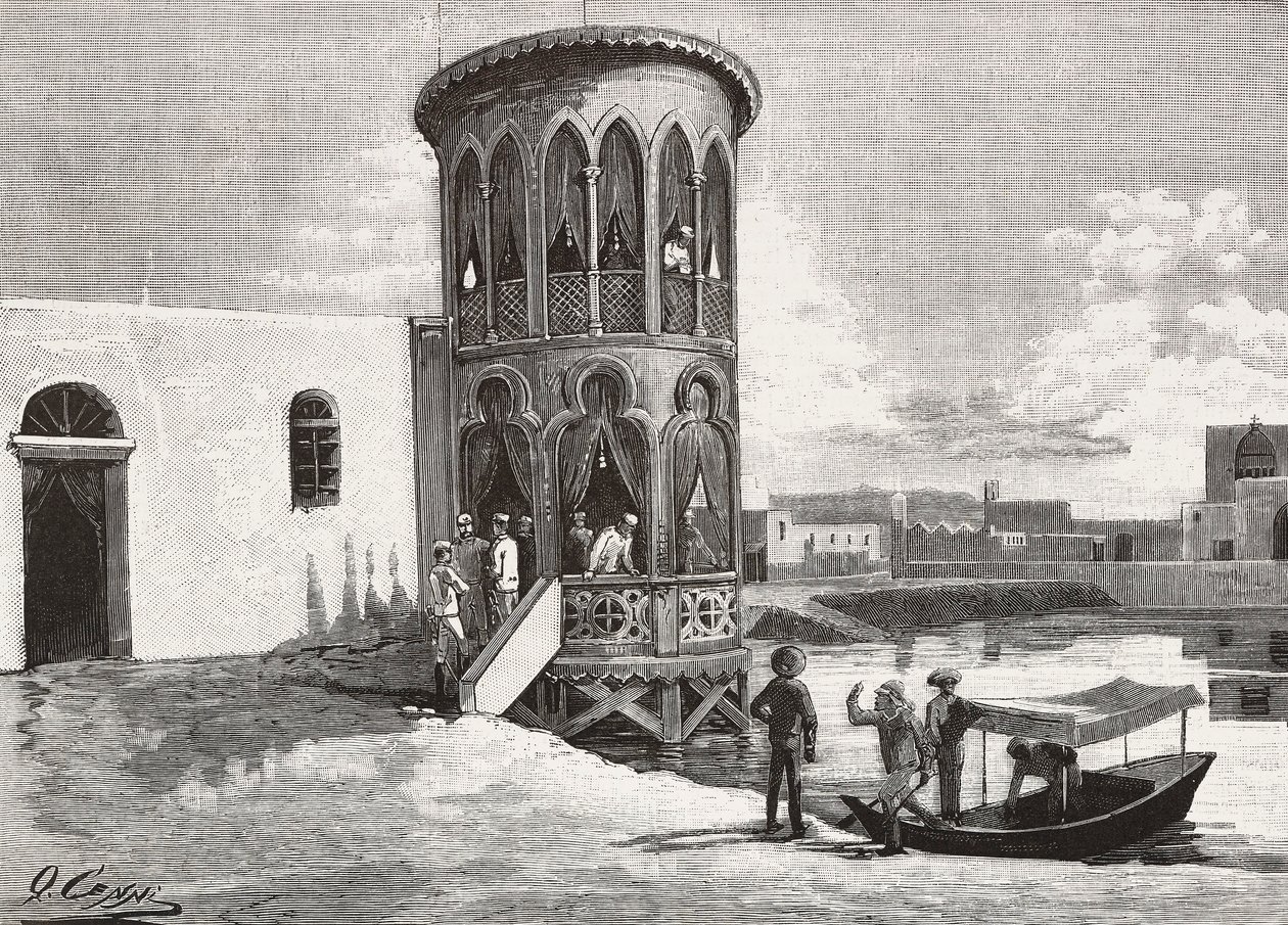 Ein maurischer kleiner Turm, der den Club der italienischen Offiziere beherbergt, Massawa, Eritrea, Gravur nach einer Zeichnung von Quinto Cenni und einer Skizze von Pieragostini, aus L