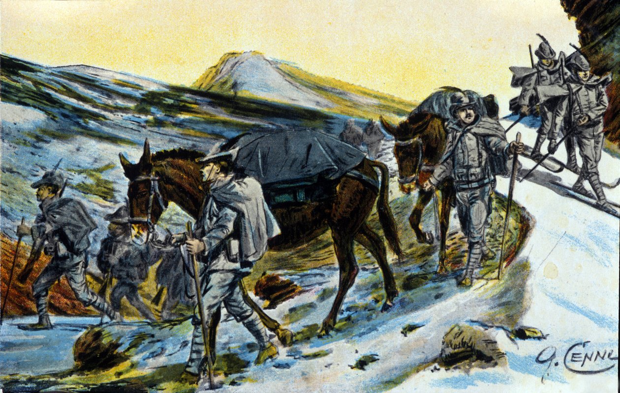 Erster Weltkrieg: Gruppe italienischer Alpenjäger auf Erkundung mit ihren Maultieren im Jahr 1915. Illustration von Quinto Cenni (1845-1917) von Quinto Cenni