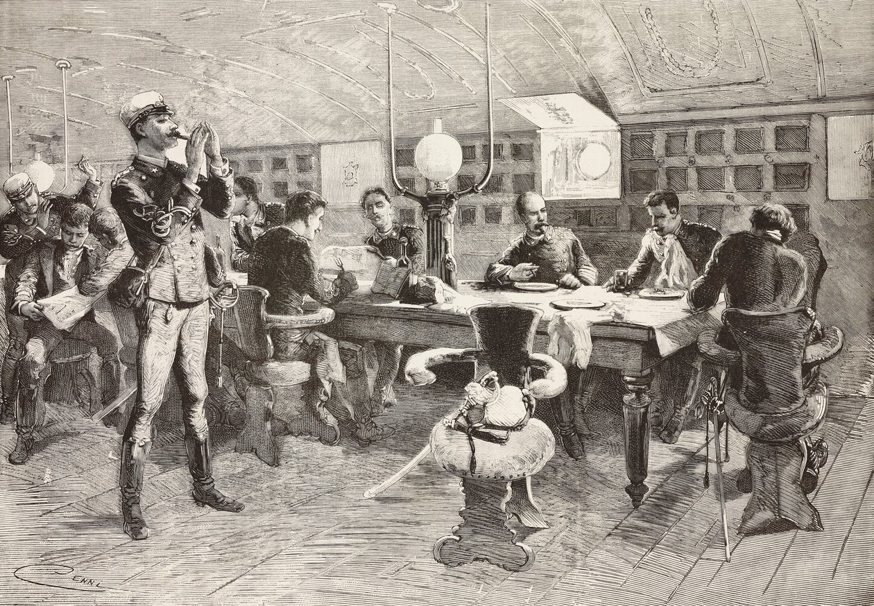 Italienische Offiziere in der Kabine auf dem Schiff Gottardo, italienische Expedition im Roten Meer, Gravur nach einer Zeichnung von Quinto Cenni und einer Skizze von Dante Paolocci, aus L