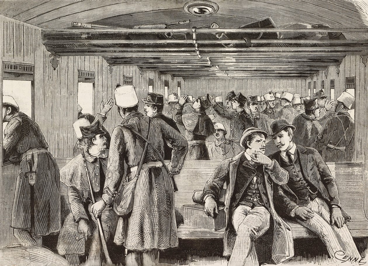 Italienische Soldaten im Zug nach Neapel, Italien, zweite italienische Expedition im Roten Meer (Stich) von Quinto Cenni