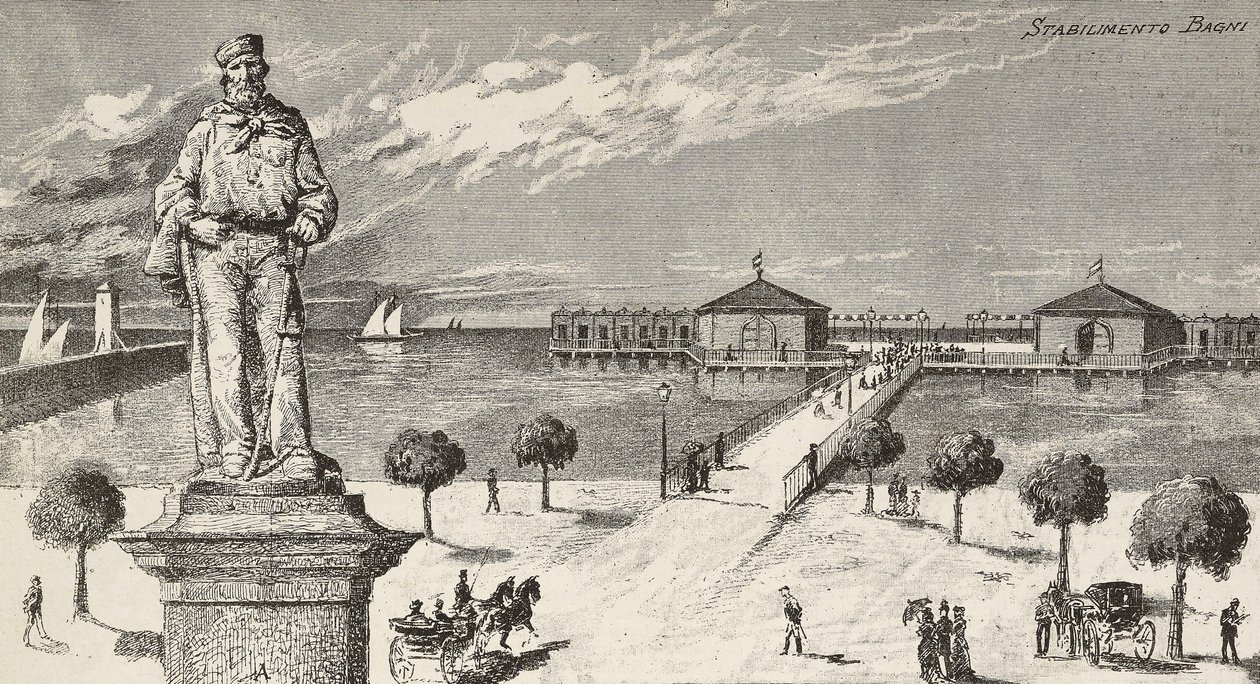 Denkmal zum Gedenken an Giuseppe Garibaldi (1807-1882), italienischer Politiker und Patriot, und Badeanstalt im Hintergrund, Cesenatico, Italien von Quinto Cenni