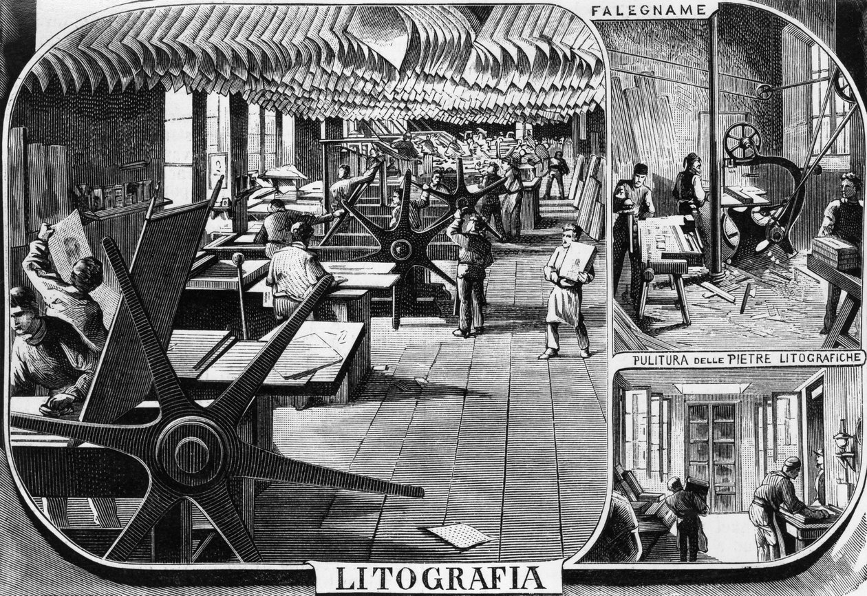 Büros der Gebrüder Treves, Lithographieabteilung, Mailand, Italien, Illustration von Quinto Cenni aus L