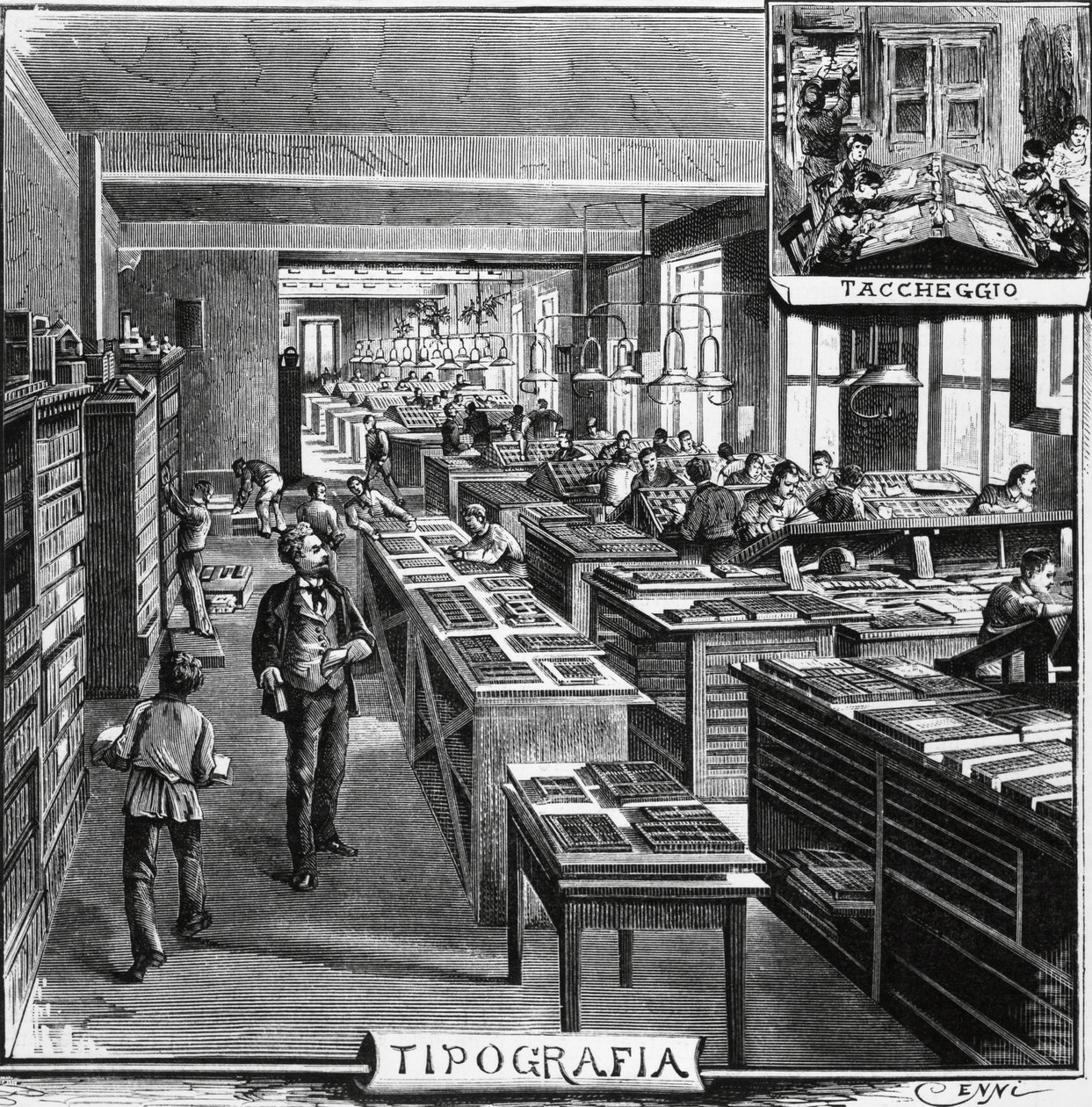 Büros der Gebrüder Treves, Typografie und Überlagerung, Illustration von Quinto Cenni aus L