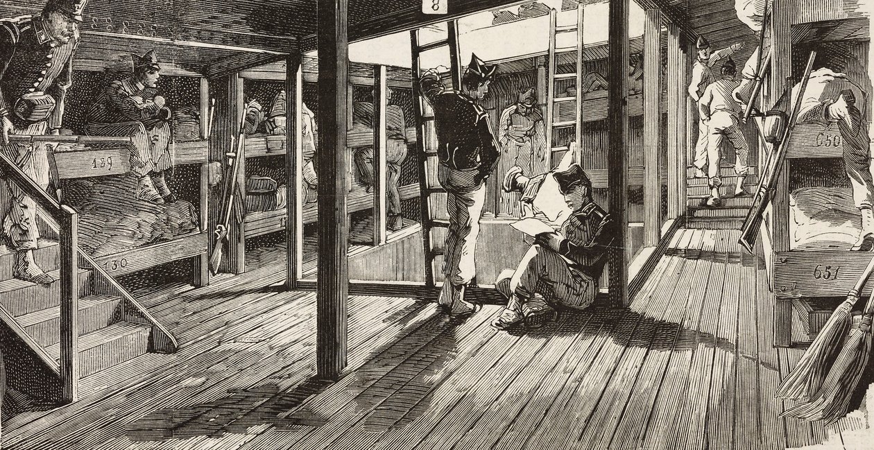Soldaten unter Deck im Schlafsaal, Schiff Principe Amedeo, italienische Expedition im Roten Meer, Italien, Gravur nach einer Zeichnung von Quinto Cenni und einer Skizze von M. Dal Don, aus L