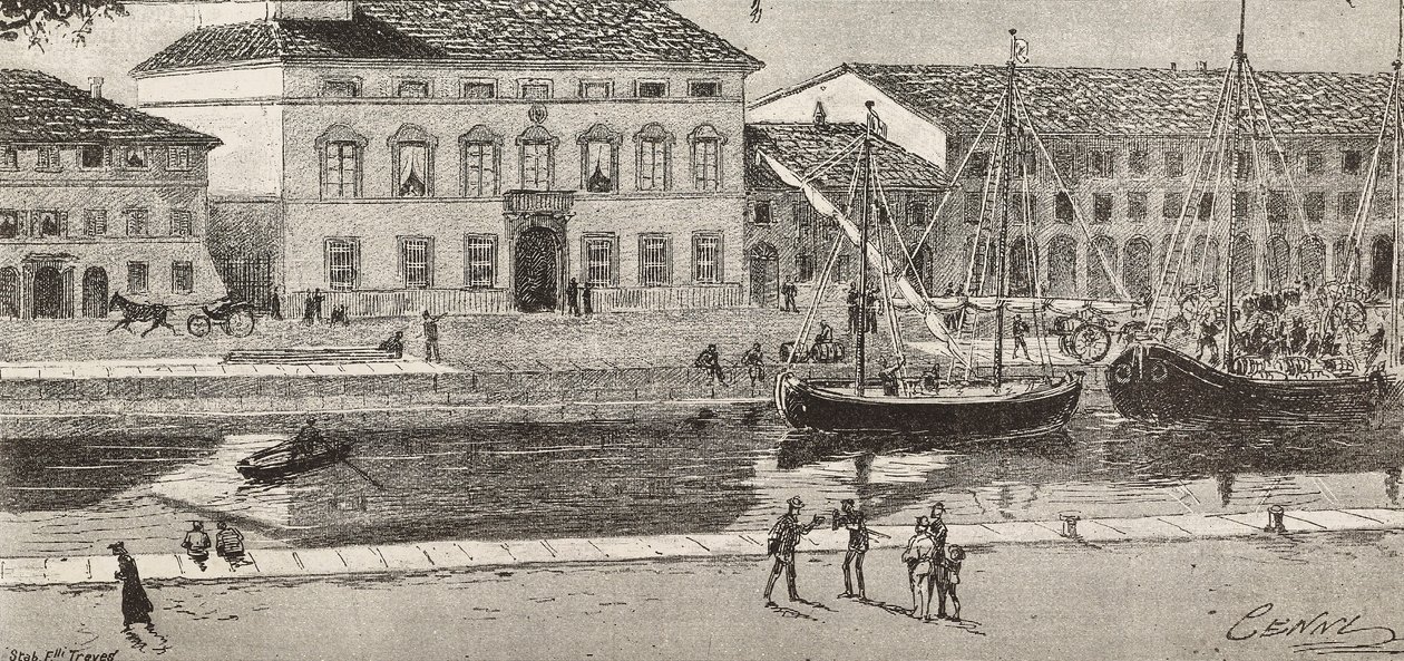 Das Rathaus und der Hafenkanal, Cesenatico, Italien (Stich) von Quinto Cenni