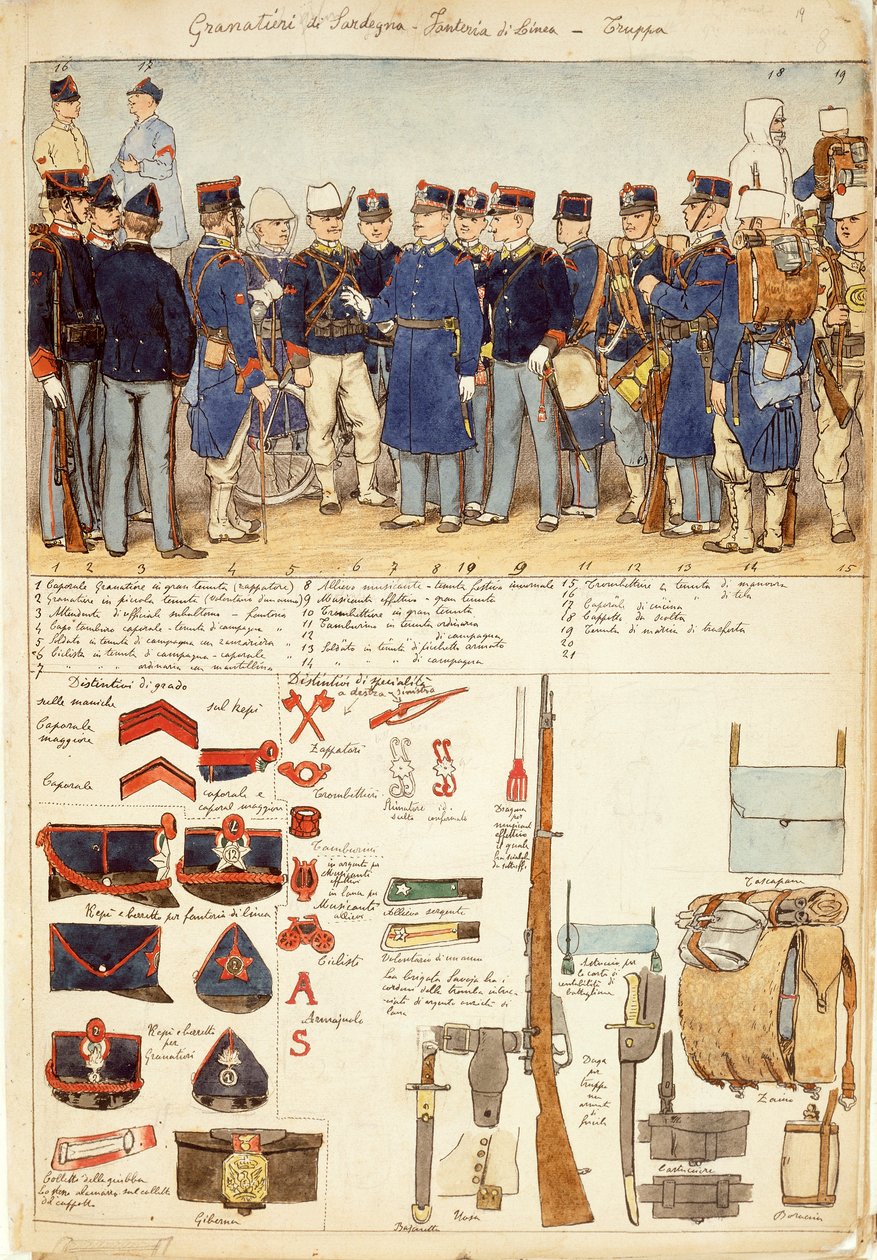 Uniformen der Grenadiere von Sardinien, Linieninfanterie, Truppen des Königreichs Italien, Farbtafel von Quinto Cenni von Quinto Cenni