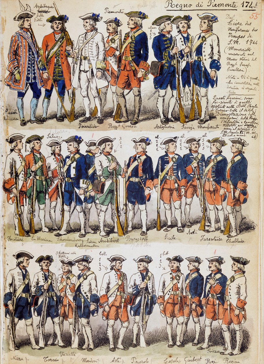 Uniformen der Truppen des Königreichs Piemont im Jahr 1744, Tafel aus dem Cenni-Codex, Sammlung militärischer Skizzen von Quinto Cenni von Quinto Cenni