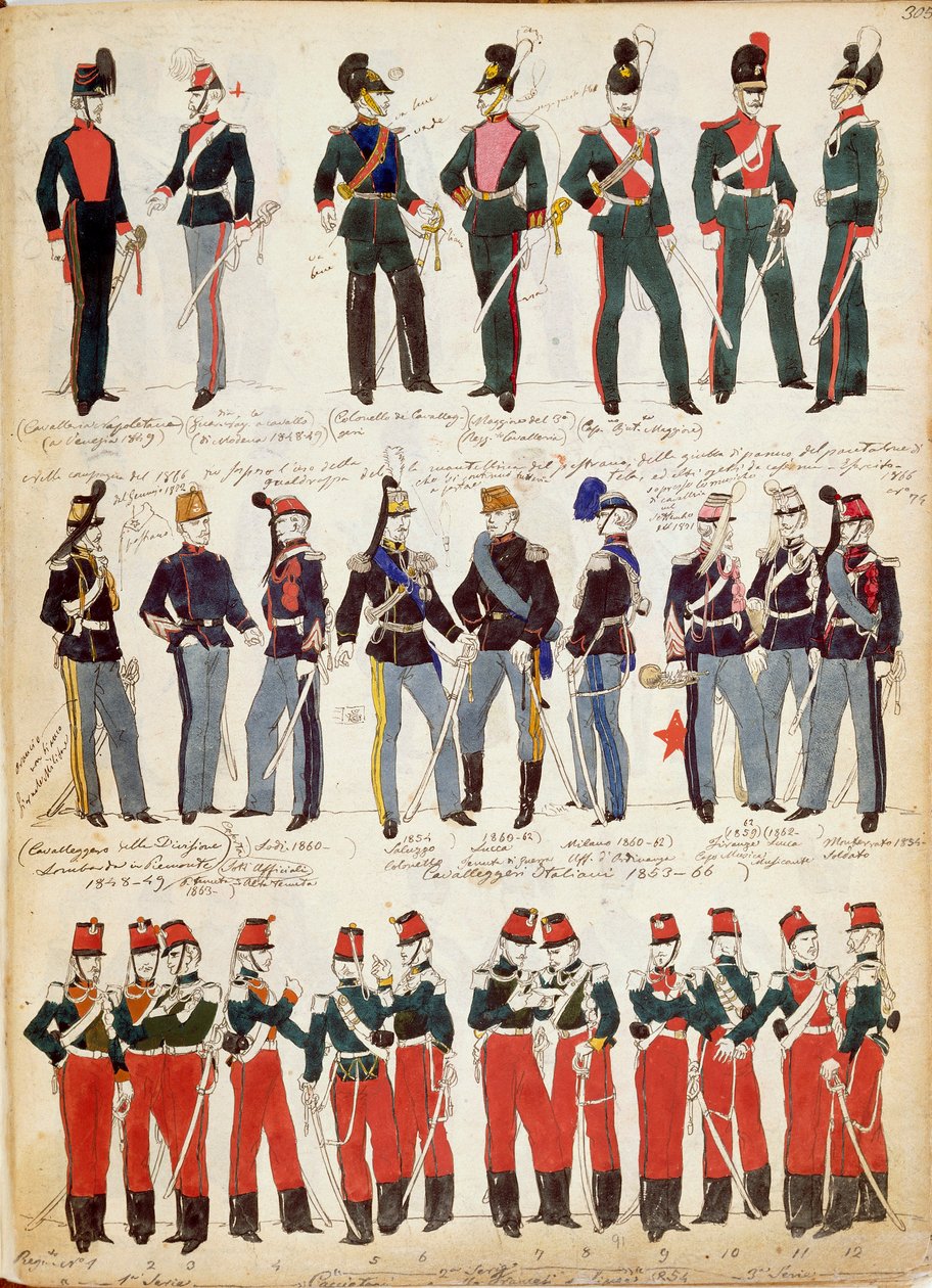 Verschiedene italienische Uniformen, die um 1860 gebräuchlich waren, von Quinto Cenni, Farbtafel von Quinto Cenni