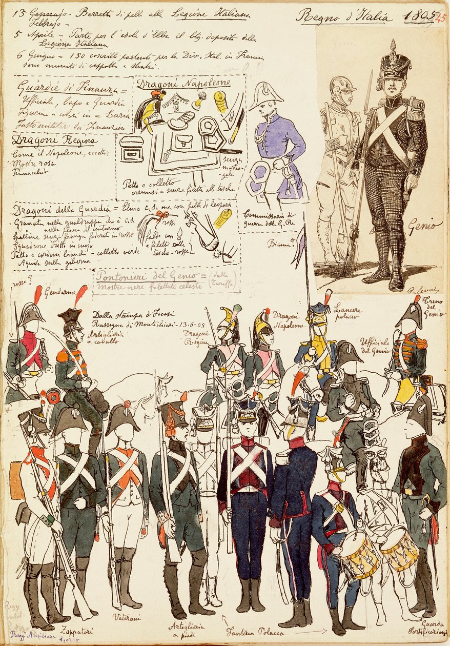 Verschiedene Uniformen des Königreichs Italien von 1805. Farbtafel von Cenni Quinto von Quinto Cenni