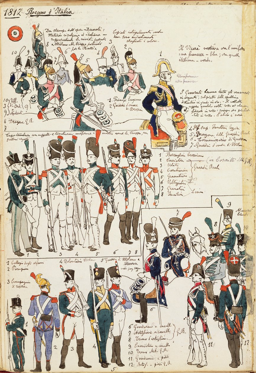 Verschiedene Uniformen des Königreichs Italien von 1807. Farbtafel von Cenni Quinto von Quinto Cenni