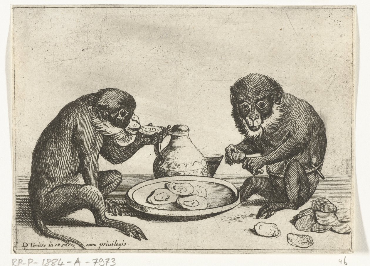 Zwei Affen essen Austern von Quirin Boel