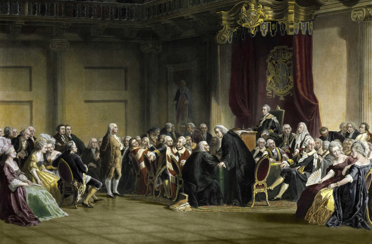 Benjamin Franklin (1706-1790), amerikanischer Philosoph, Physiker und Staatsmann vor den Lords des Geheimen Rates, Whitehall Chapel, London von R. Whitechurch