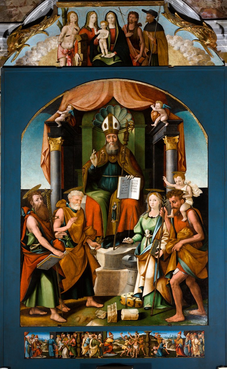 Heiliger Blasius auf dem Thron zwischen den Heiligen Petrus, Paulus, Katharina von Alexandria und Christophorus, zentrales Altarbild von Raffaele De (fl.1514 1573) Pancalino