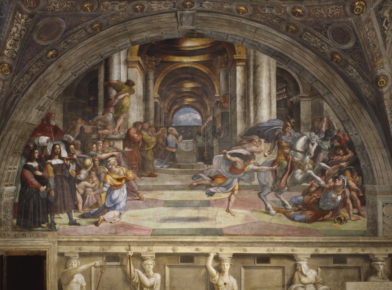 Die Vertreibung des Heliodorus aus dem Tempel, Stanza di Eliodoro, 1511-12 von Raffaello Sanzio Raphael