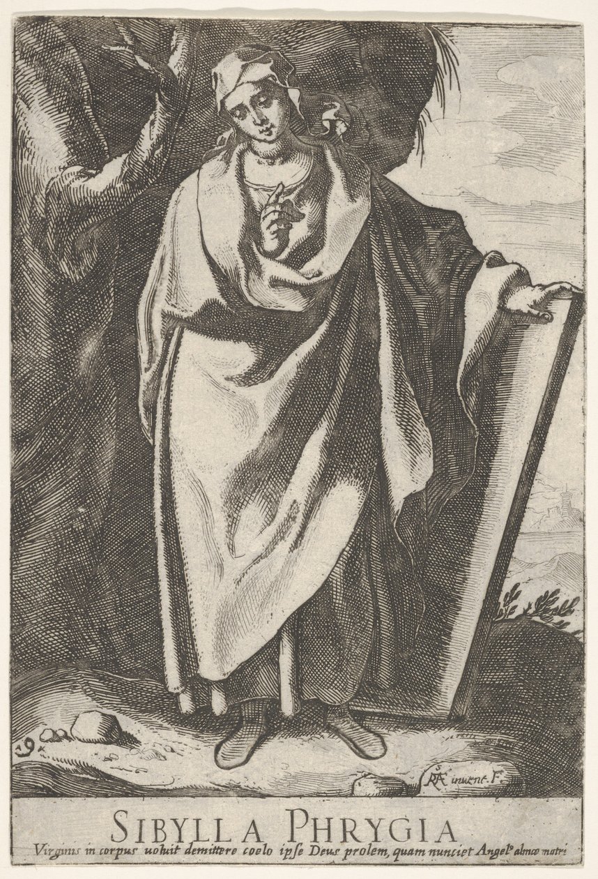 Tafel 9: die phrygische Sibylle hält die Spitze einer Tafel mit ihrer linken Hand und zeigt mit von Raffaello Schiaminossi
