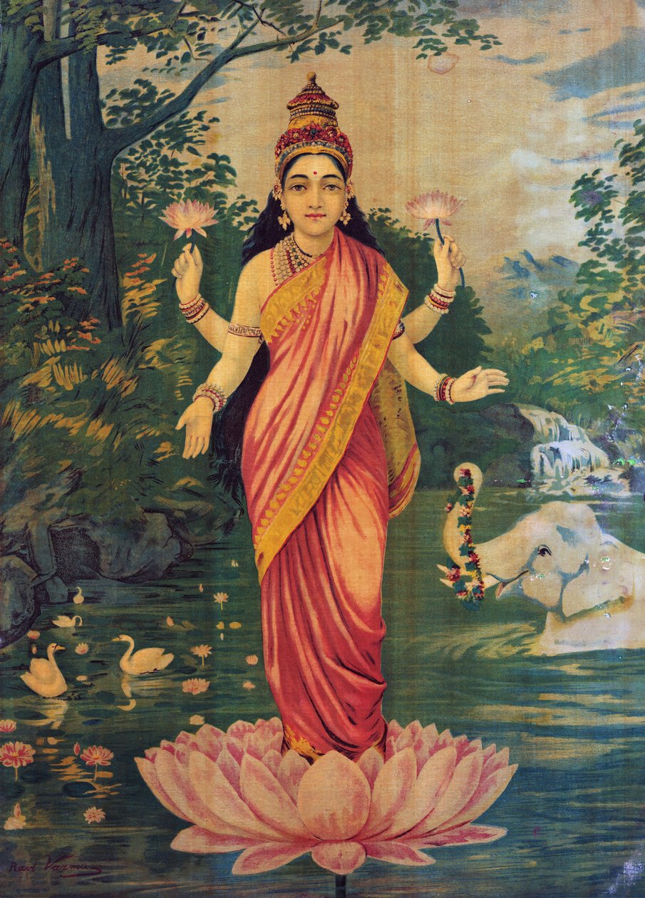 Lakshmi, von Raja Ravi Varma und Ravi Varma Press, 1930er, bearbeitet von Raja Ravi Varma