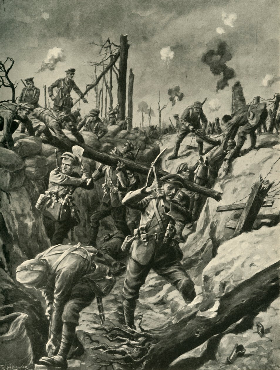 Britische Soldaten in einem deutschen Schützengraben, Westfront, Erster Weltkrieg, ca. 1915 von Ralph Cleaver