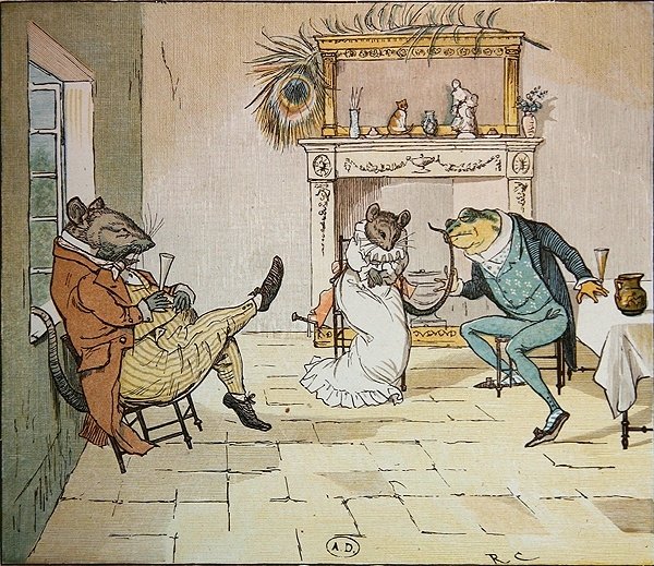 Beten Sie, Herr Frosch, werden Sie uns ein Lied singen?, Illustration aus Ein Frosch, der umwerben wollte von Randolph Caldecott