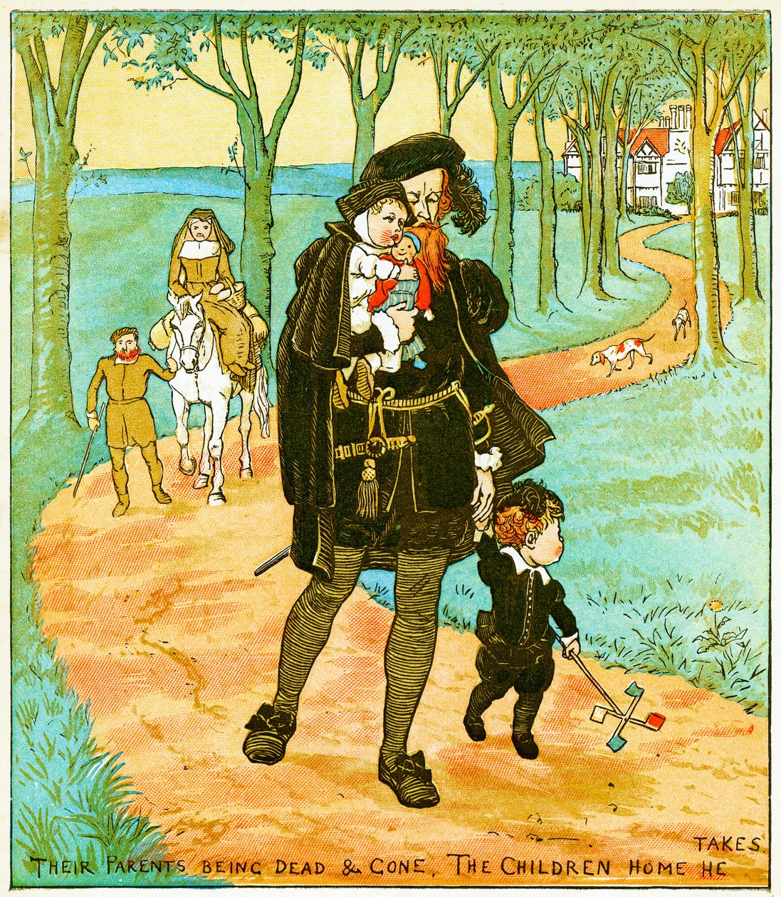 "Die Eltern sind tot und fort, die Kinder nimmt er mit nach Hause", Illustration für Babes in the Wood, 1885 von Randolph Caldecott