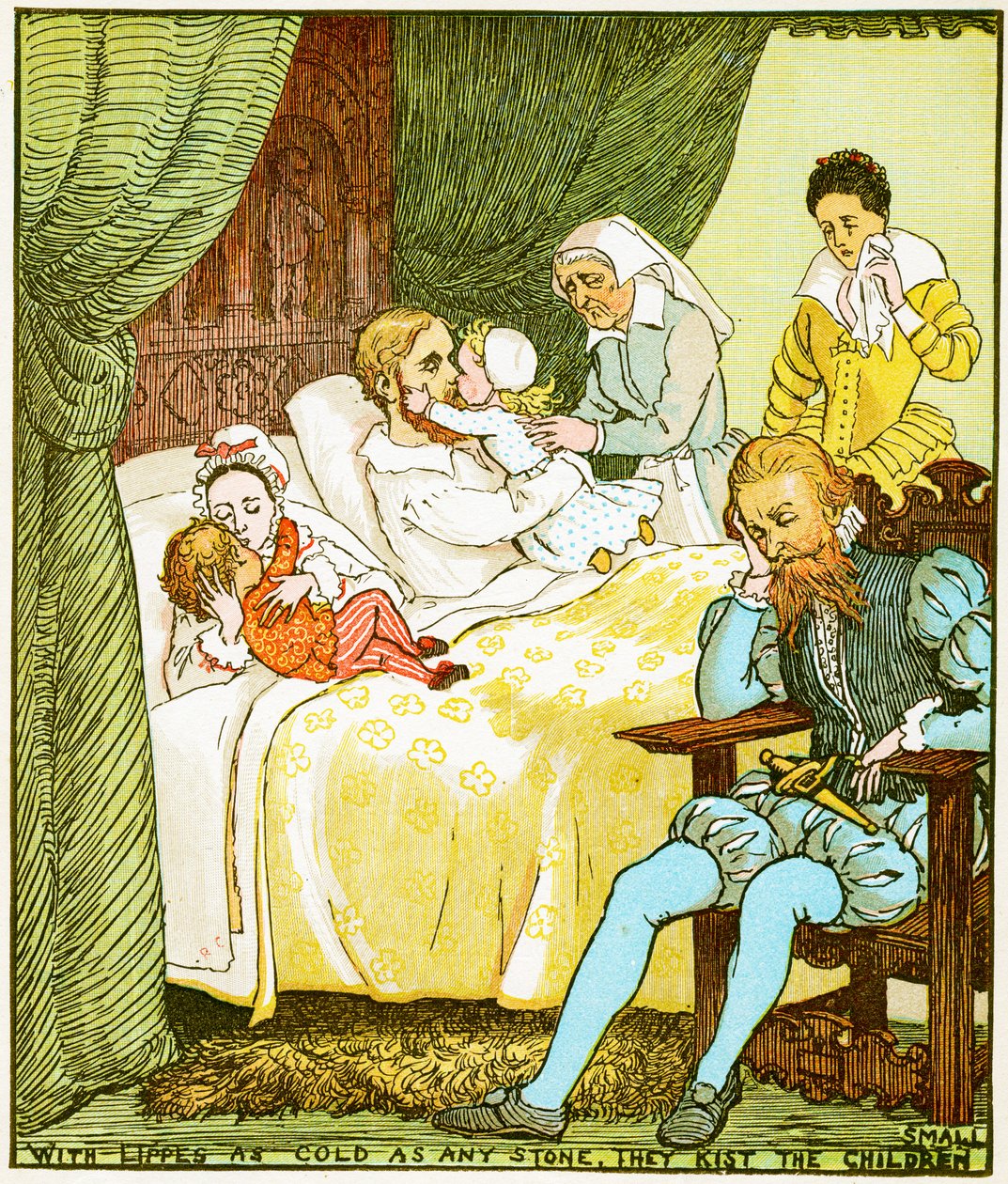 Mit Lippen so kalt wie Stein küssen sie die kleinen Kinder, Illustration für Babes in the Wood, 1885 von Randolph Caldecott