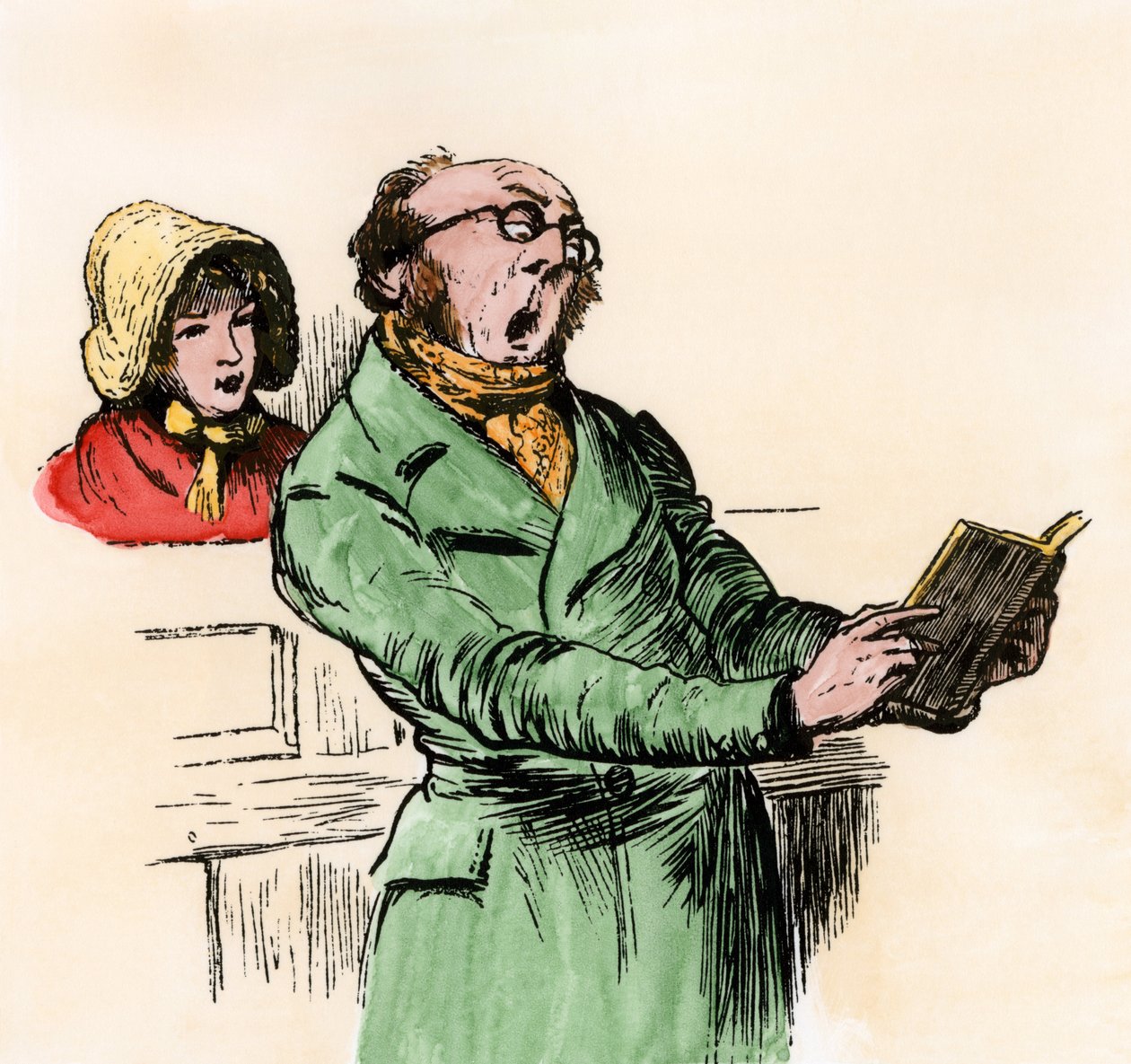 Alltagsleben, England: Anglikanische Gläubige singen zu Weihnachten, in einem Liederbuch, in einem Tempel, um 1800. Farbige Gravur, basierend auf einer Illustration von Randolph Caldecott von Randolph Caldecott
