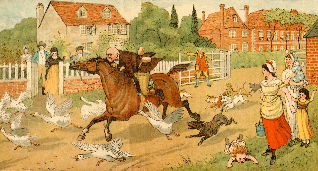 John Gilpin galoppiert durch ein Dorf, 1878, um 1918 von Randolph Caldecott