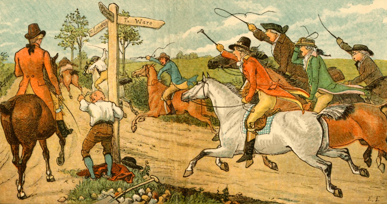 John Gilpin auf seinem durchgehenden Pferd, verfolgt von Passanten von Randolph Caldecott