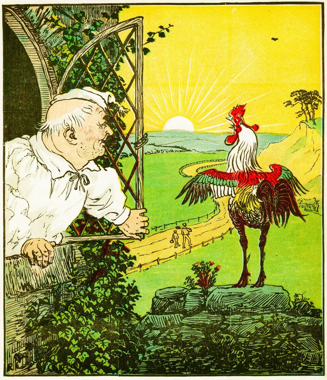 Der Hahn, der am Morgen krähte und den Richter weckte, Illustration aus Das Haus, das Jack baute von Randolph Caldecott