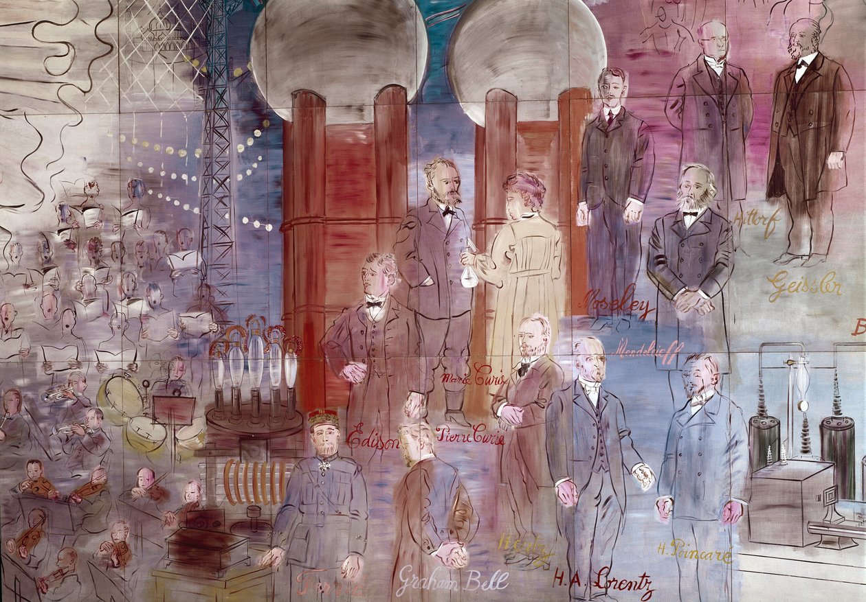 La Fée Électricité, Detail: Porträts von Johann Wilhelm Hittorf, Heinrich Geissler, Henry Moseley, Pierre Curie, Marie Curie, Dmitrij Mendeleev, Thomas Edison und Graham Bell. 1937 von Raoul Dufy
