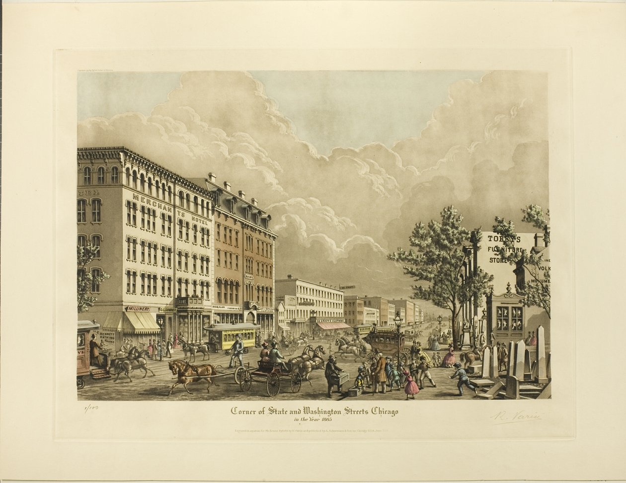 Ecke State und Washington Streets, Chicago, im Jahr 1865 von Raoul Varin