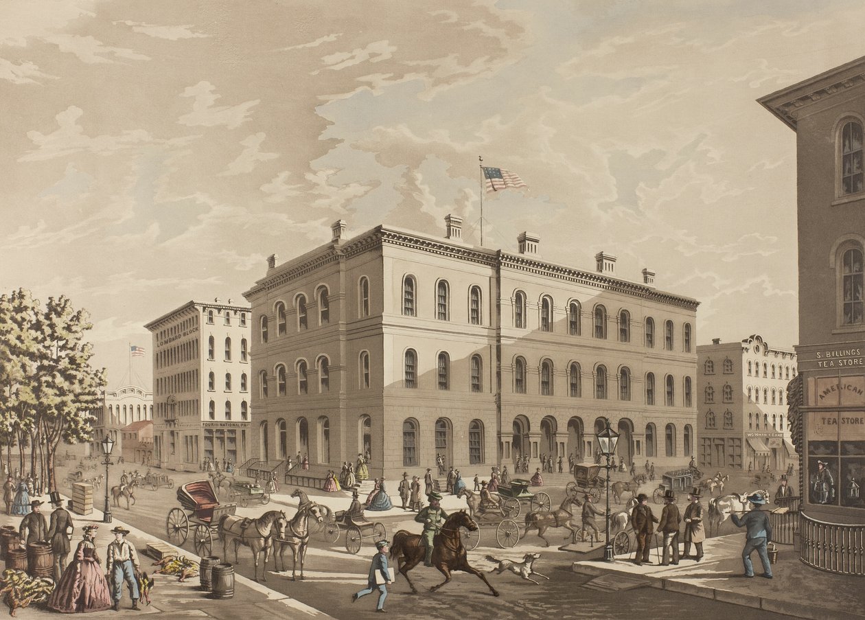 NW-Ecke der Dearborn- und Monroe-Straßen, Chicago, zeigt das Postgebäude im Jahr 1865 von Raoul Varin