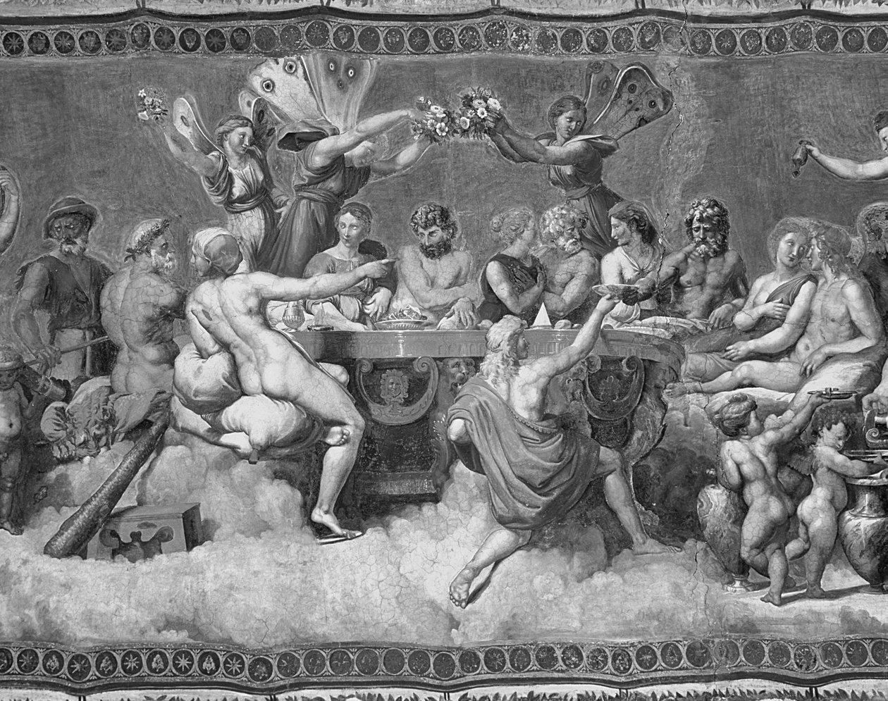 Das Bankett der Götter, Deckenmalerei der Werbung und Heirat von Amor und Psyche (Detail) von after Raphael