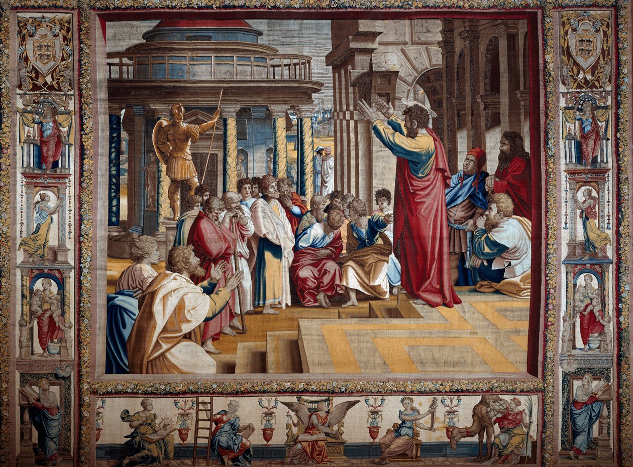 Der Apostel Paulus predigt auf dem Areopag von Athen. Wandteppich nach einem Gemälde auf Karton von Raffaello Sanzio dit Raphael (1483-1520), Anfang des 16. Jahrhunderts Mantua, Palazzo Ducale von after Raphael