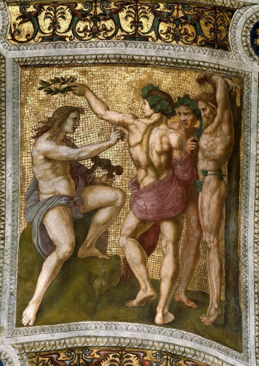 Marsyas und Apollo. Deckenfresko in der Stanza della Segnatura, ca. 1510-1511 von Raphael
