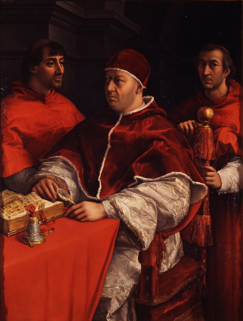 Porträt von Papst Leo X. mit den Kardinälen Giulio de Medici und Luigi de Rossi, ca. 1518 von Raffaello Sanzio Raphael