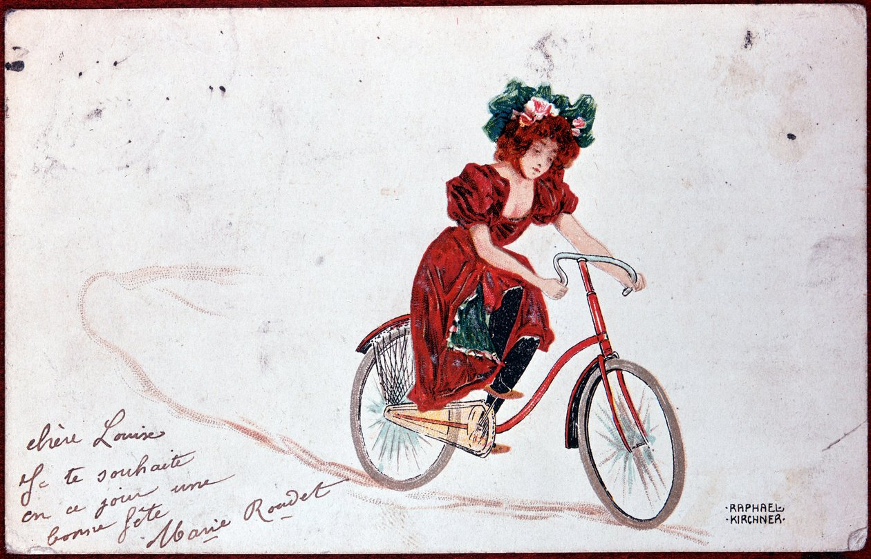 Postkarte einer Frau auf einem Fahrrad - Illustration von R. Kirchner, ca. 1900 von Raphael Kirchner