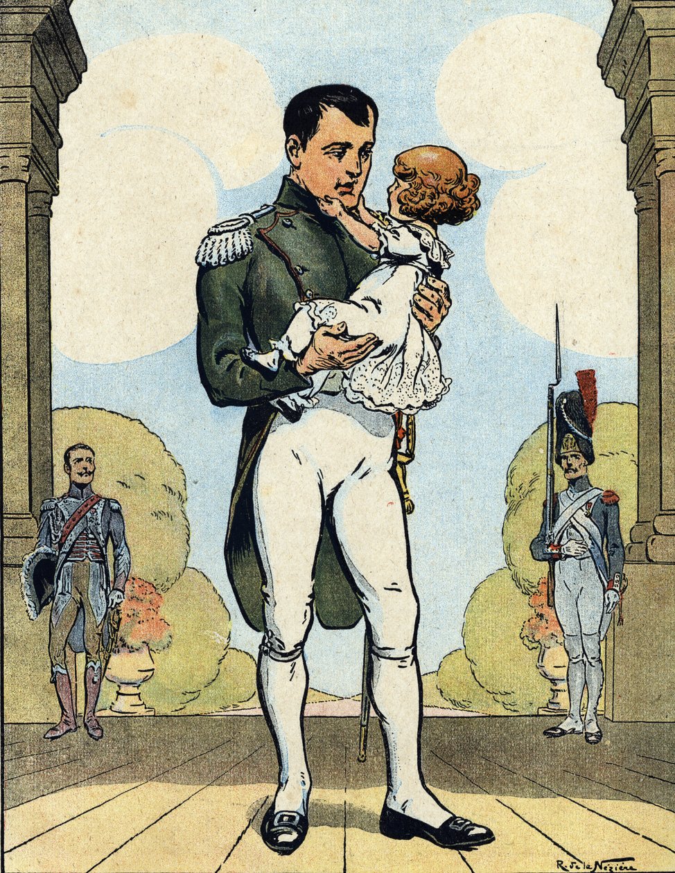 Porträt von Kaiser Napoleon I. (1769-1821) mit seinem Sohn dem Aiglon (1811-1832) (König von Rom Napoleon II., Herzog von Reichstadt) Illustration von Raymond de Neziere in "Unsere Nationalen Ruhmestaten" 1920 von Raymond de la Neziere