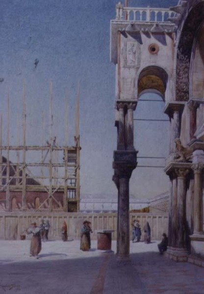 Blick vom Portikus von St. Markus Venedig, zeigt den Wiederaufbau des Campanile, 1908 von Reginald Barratt