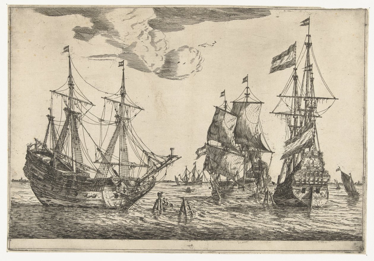 Drei festgemachte Segelschiffe von Reinier Nooms