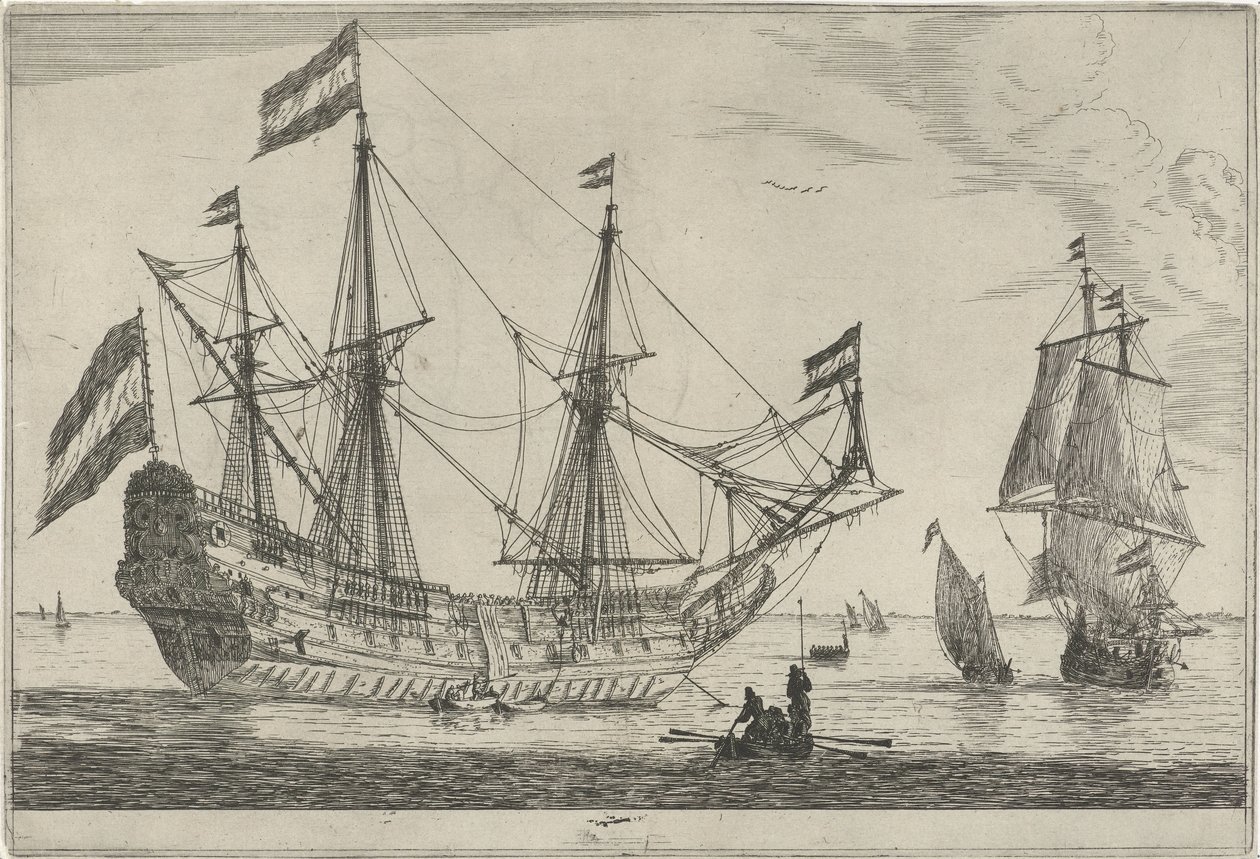Großes Segelschiff und ein Ruderboot von Reinier Nooms